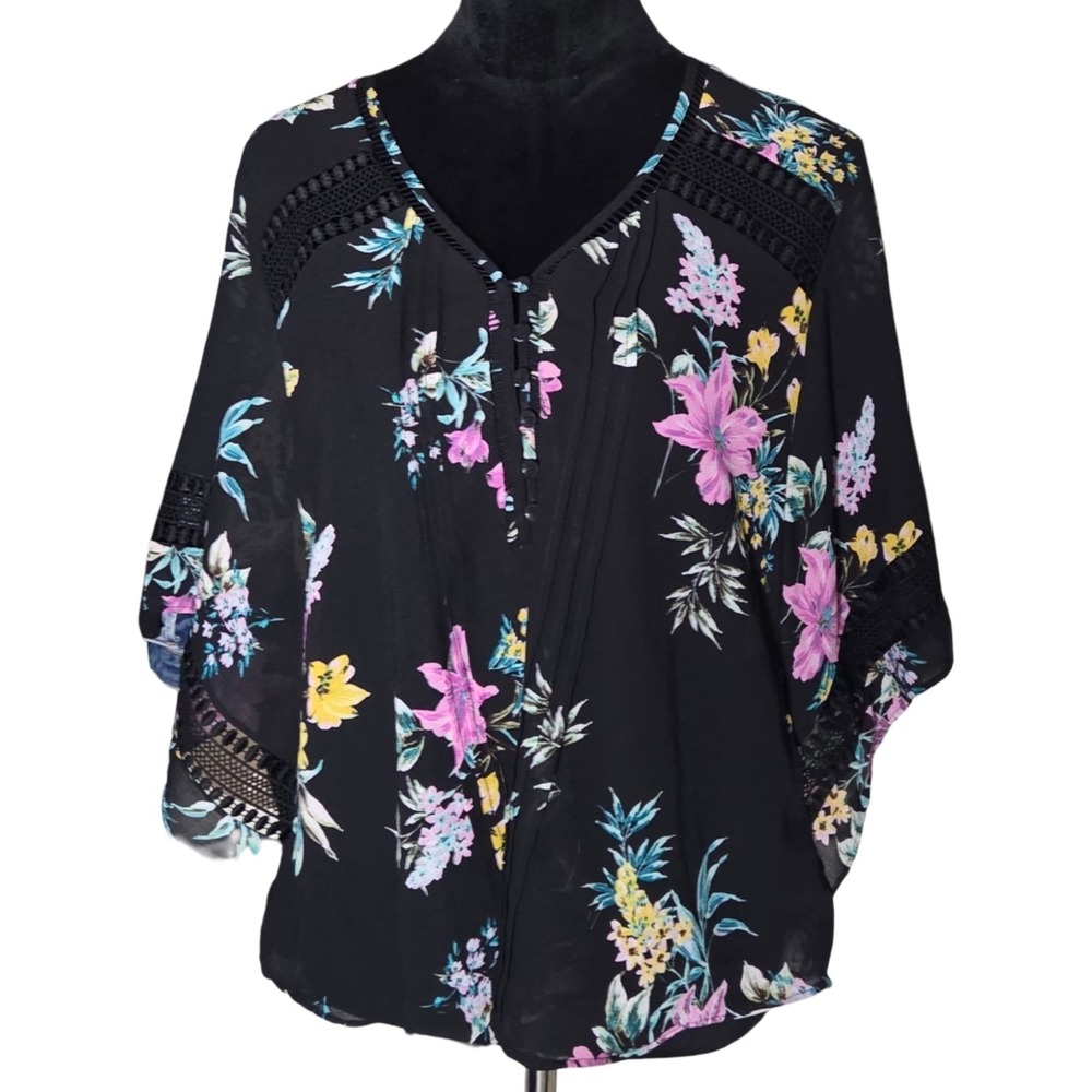 Zac & Rachel Petite XL Floral Blouse Black Sheer Lace Sleeve Boho Top PXL